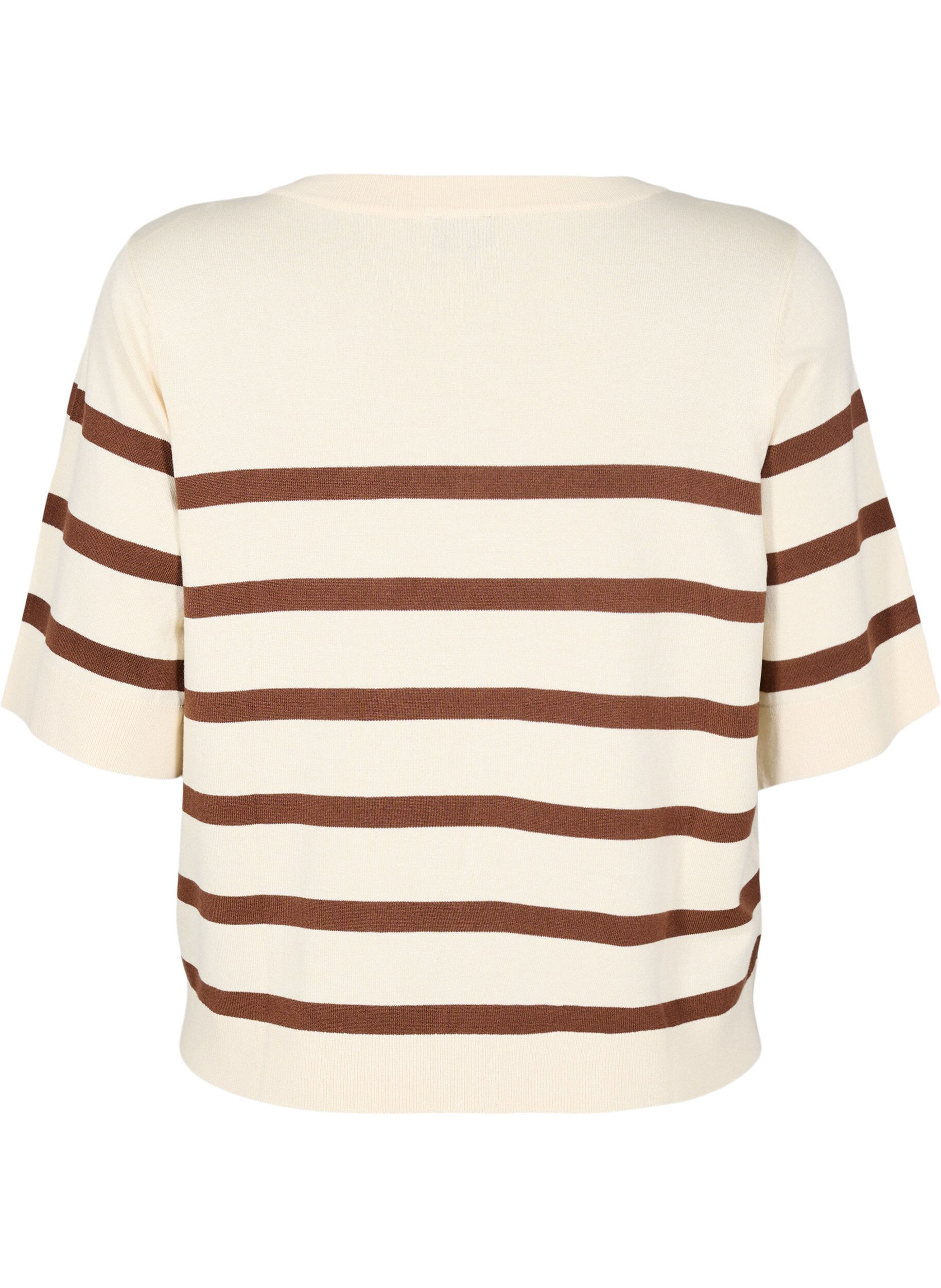 Zizzifashion Striped knit top with short sleeves, Beige, Packshot image number 1