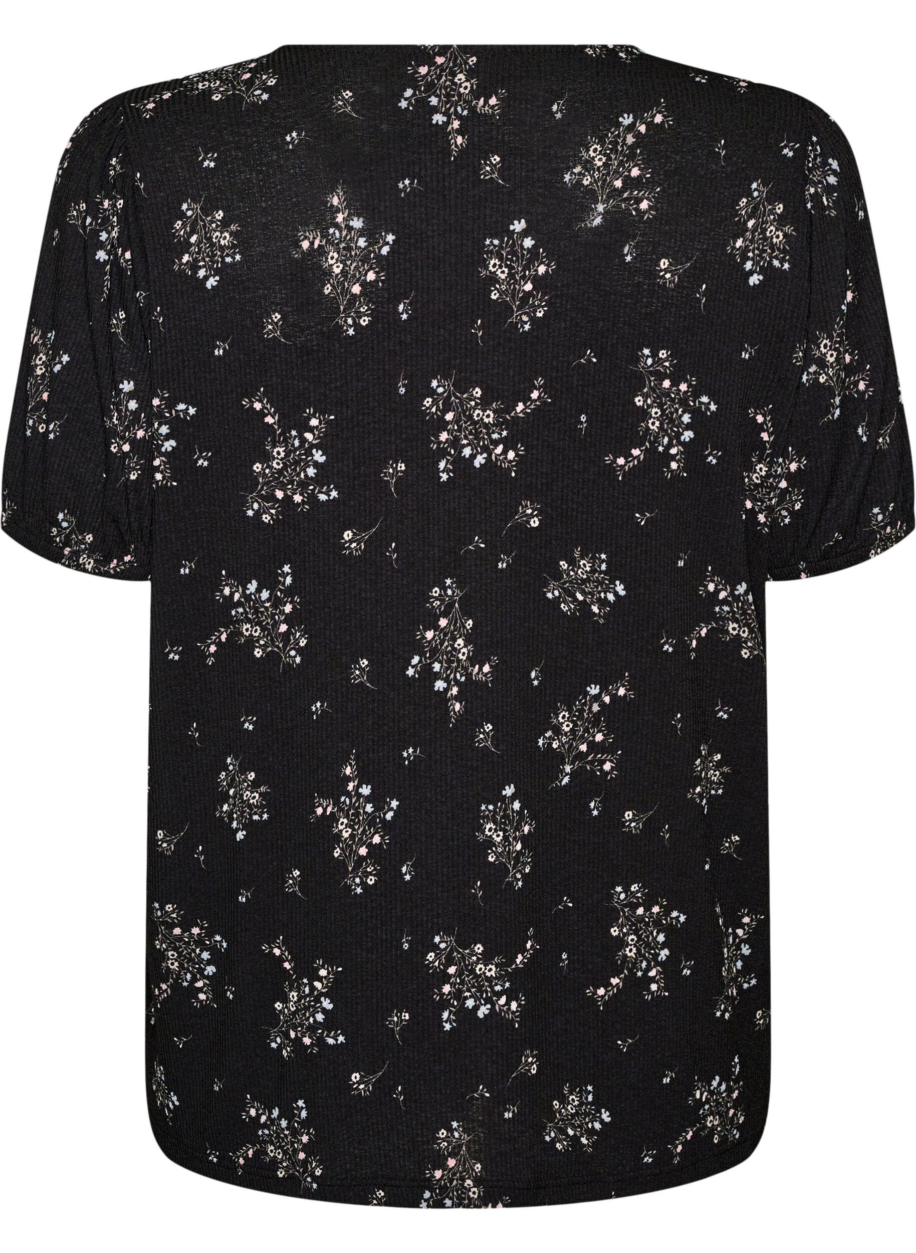 Zizzifashion Patterned blouse with short sleeves, Black, Packshot image number 1