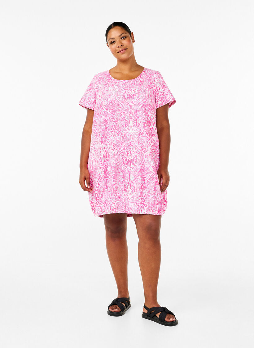 Short-sleeved, printed cotton dress, Pink, Model image number 1