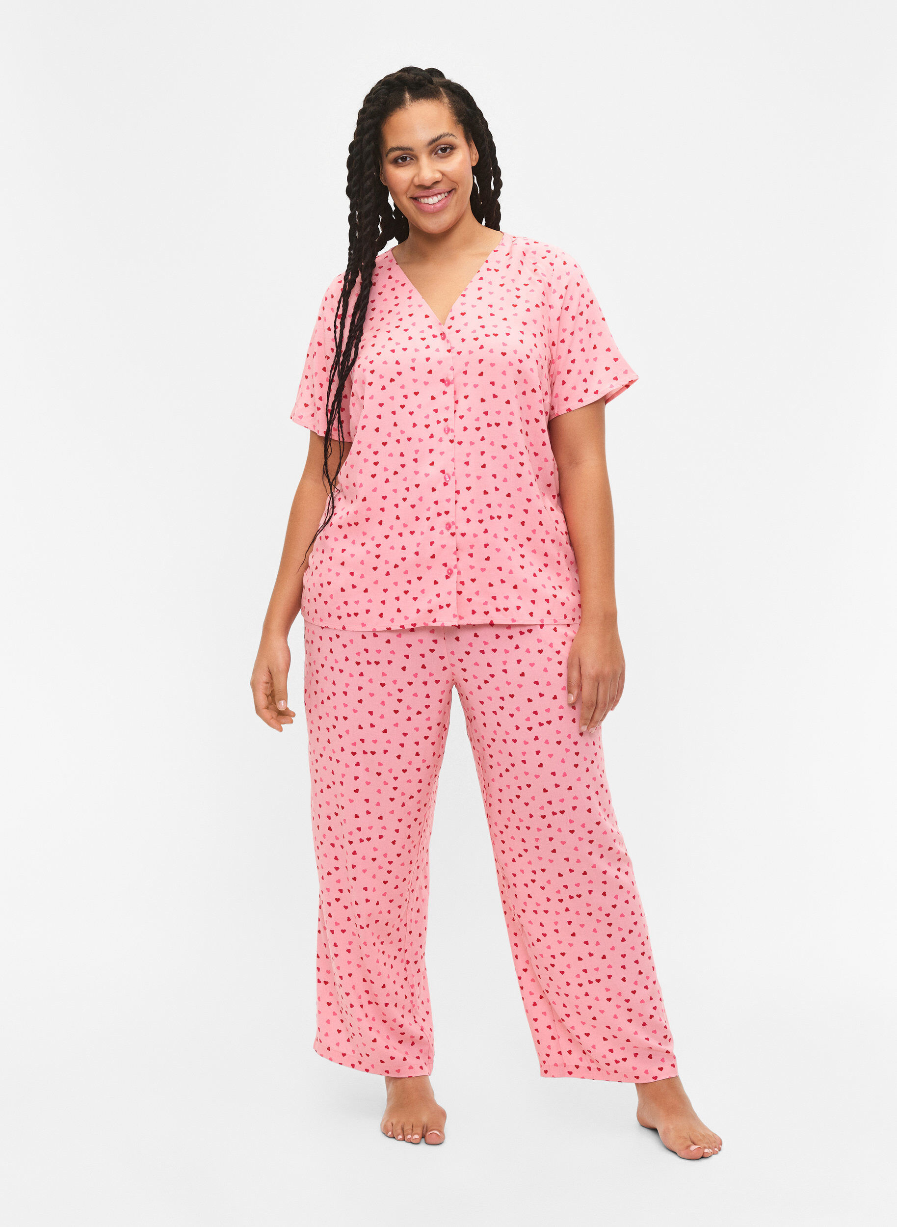 Zizzifashion Loose viscose pyjama bottoms with print, Pink Icing W. hearts, Model image number 0