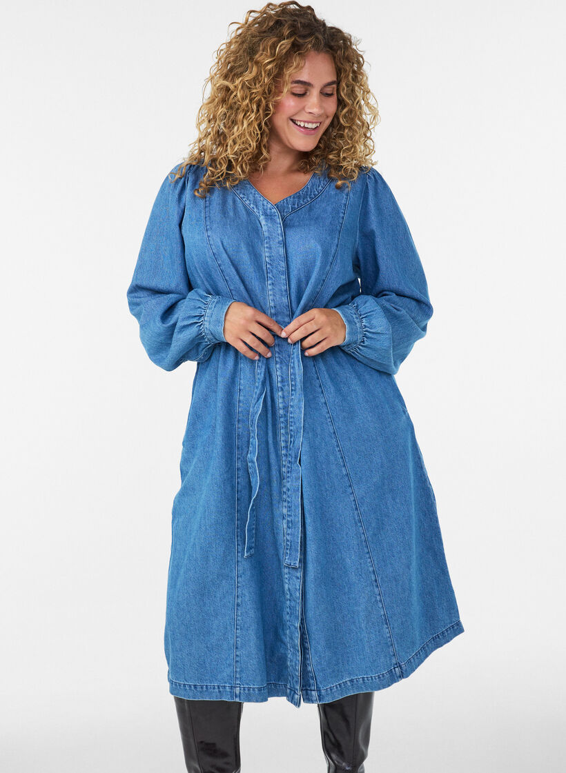 Denim dress with V-neck and tie-belt, Light Blue, Model image number 0