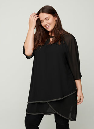 Tunic with 3/ length sleeves and jewels at the hem, Black, Model image number 0