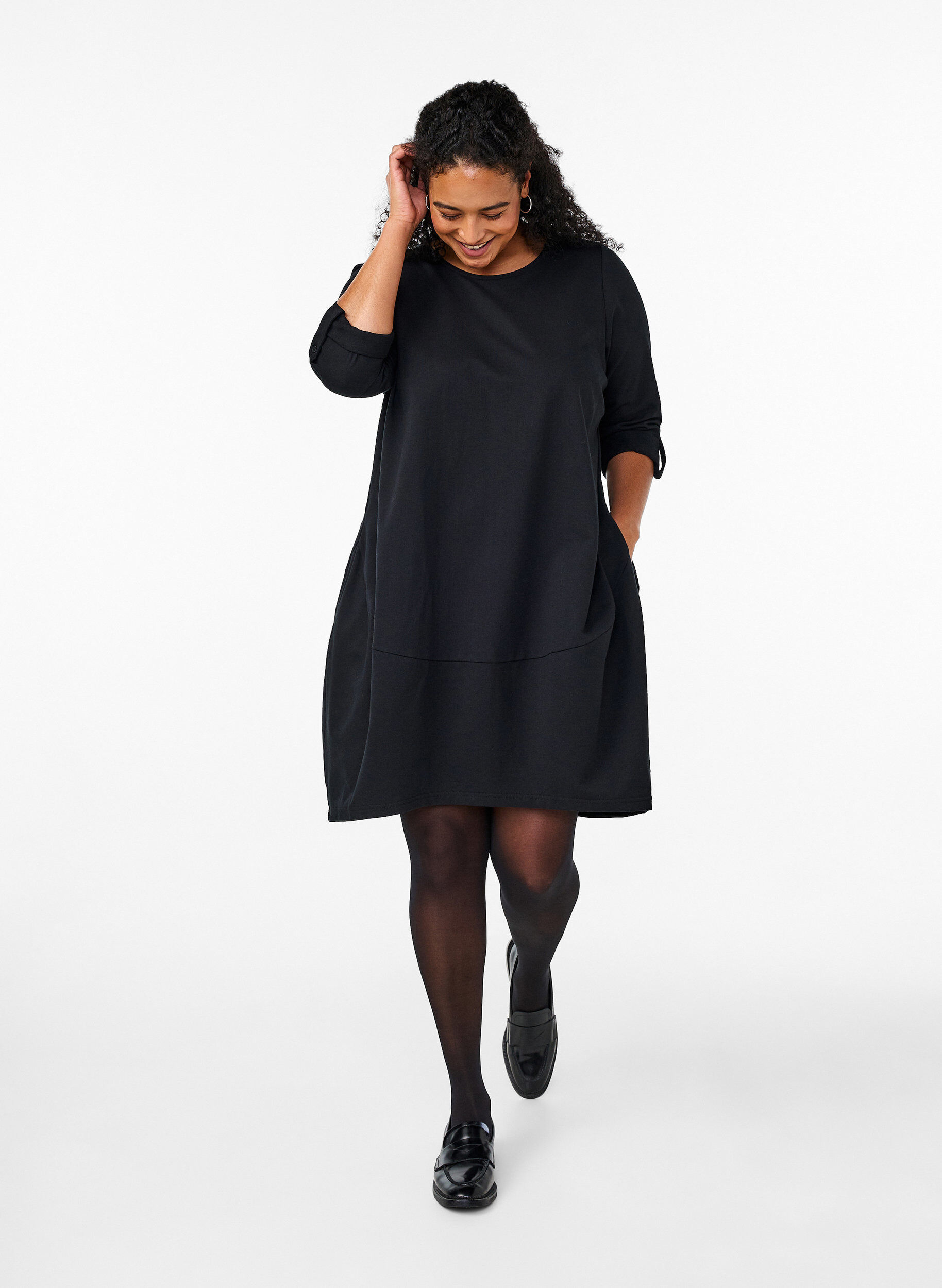 ZizzifashionCotton dress with balloon fit, Black, Model image number 1