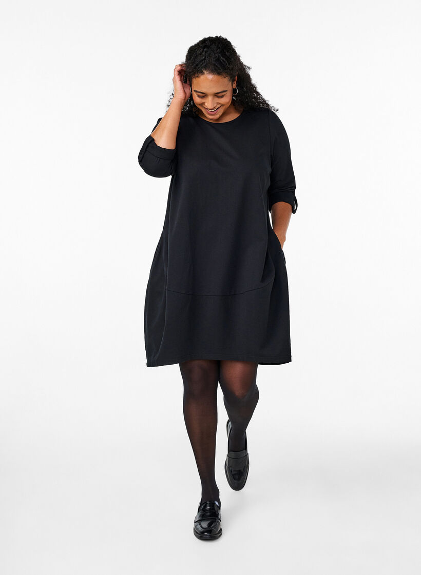 Cotton dress with balloon fit, Black, Model image number 1