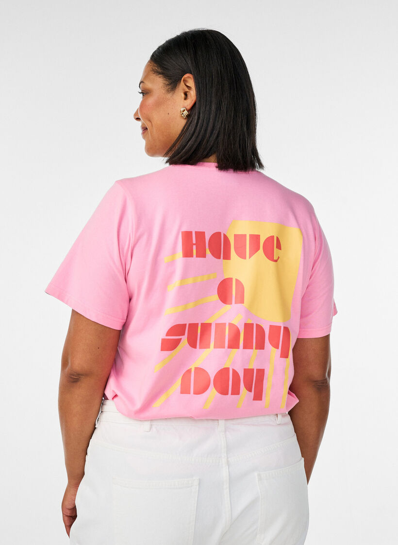 Organic cotton T-shirt with text motif, Pink, Model image number 2