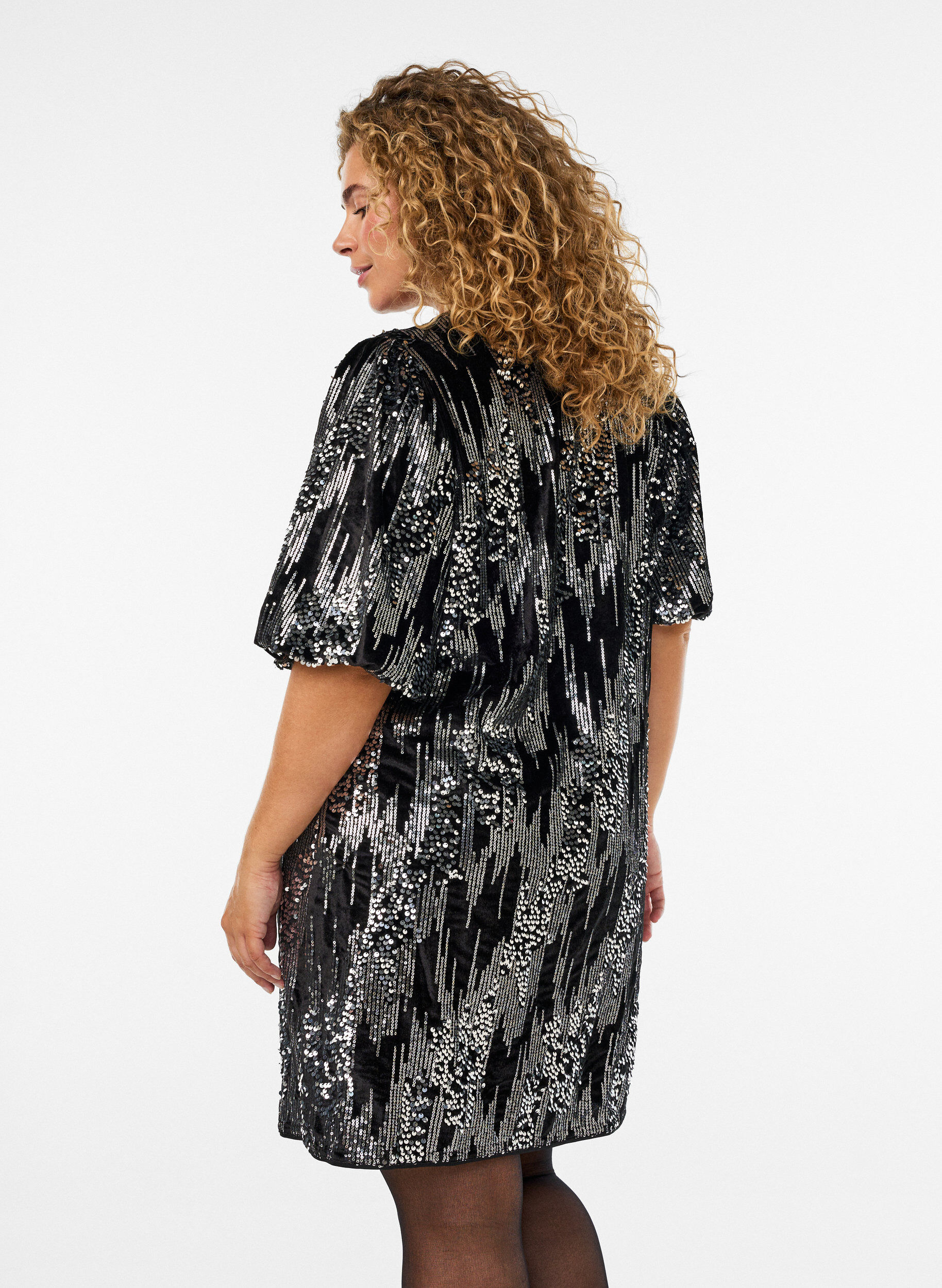 ZizzifashionShort sequin dress with balloon sleeves, Black, Model image number 1