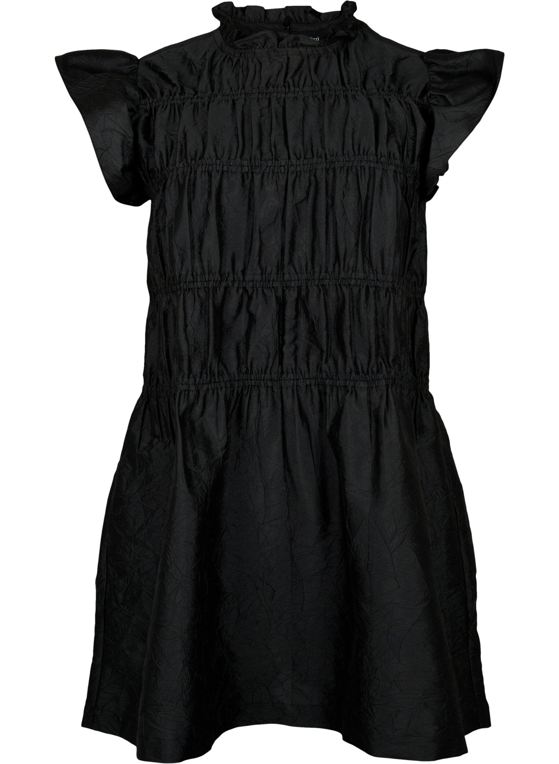 Zizzifashion Dress with ruffles and elastic cutlines, Black, Packshot image number 0