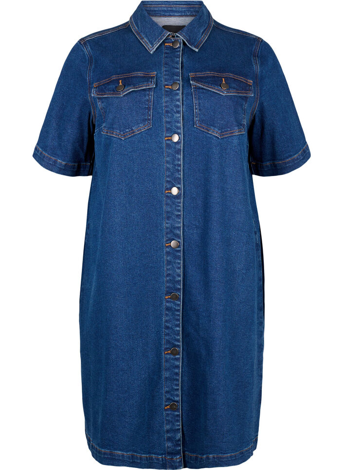 Denim dress with buttons and short sleeves, Blue, Packshot image number 0