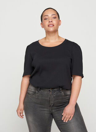 Rib t-shirt with short puff sleeves, Black, Model image number 0