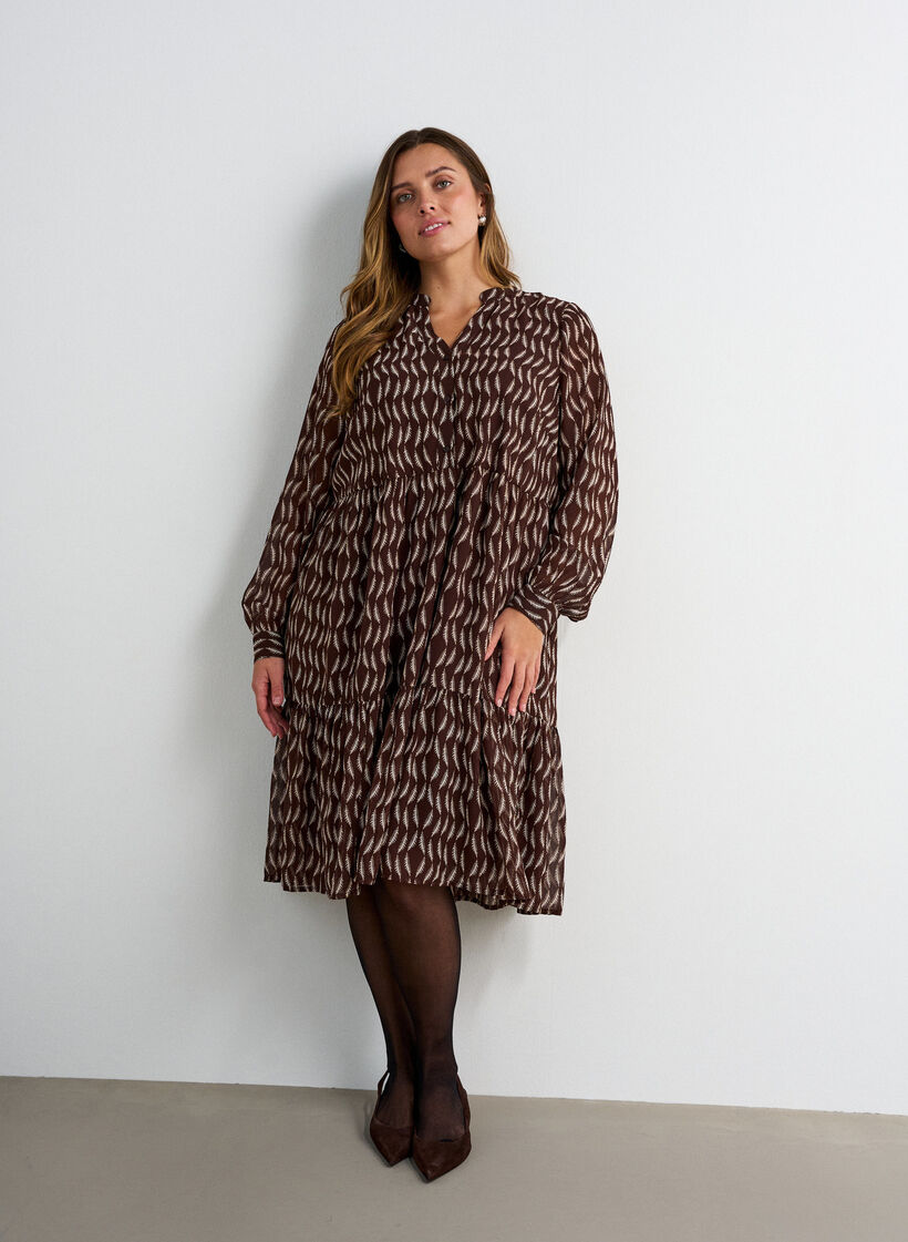 Dress with all-over print and a ruffle layer, Brown, Model image number 0