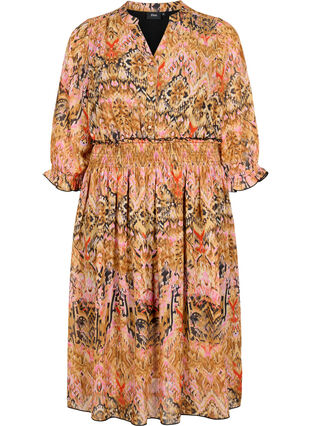 Printed midi dress with smock and 3/4 sleeves, Colorful Ethnic, Packshot image number 0