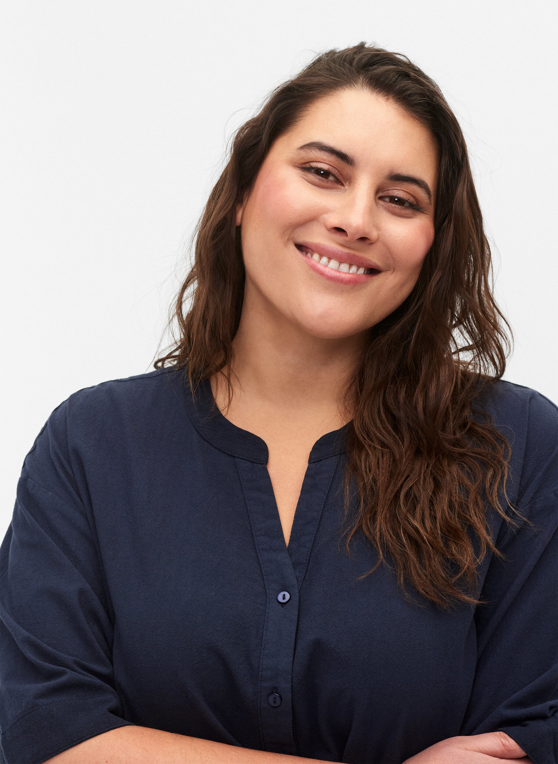 Zizzifashion FLASH - Short sleeved midi dress in cotton, Navy Blazer, Model image number 2