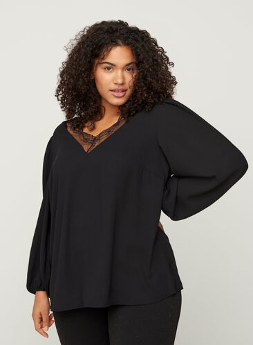 Blouse with a V-neck and lace trim, Black, Model image number 0
