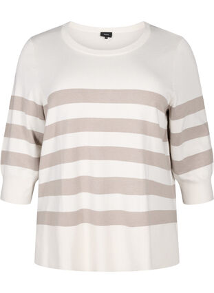 Striped viscose pullover with 3/4 sleeves, Birch/Simply Taupe, Packshot image number 0