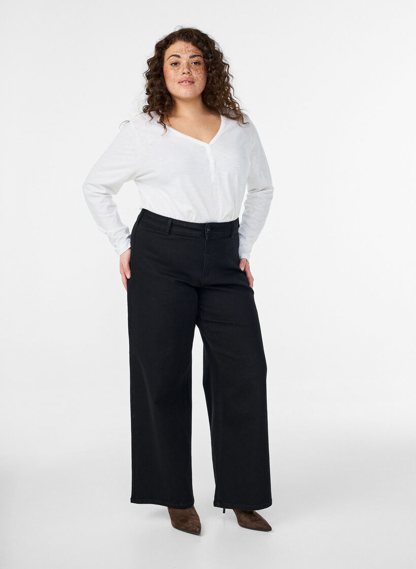 Long-sleeved t-shirt with V-neck and buttons, White, Model image number 1