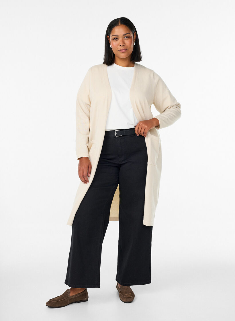 FLASH - Long, open cardigan with pockets, Beige, Model image number 0