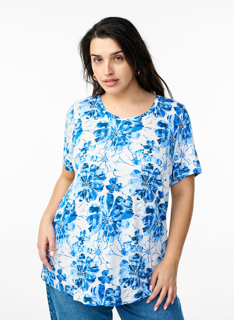 T-shirt with floral print, Blue, Model image number 0