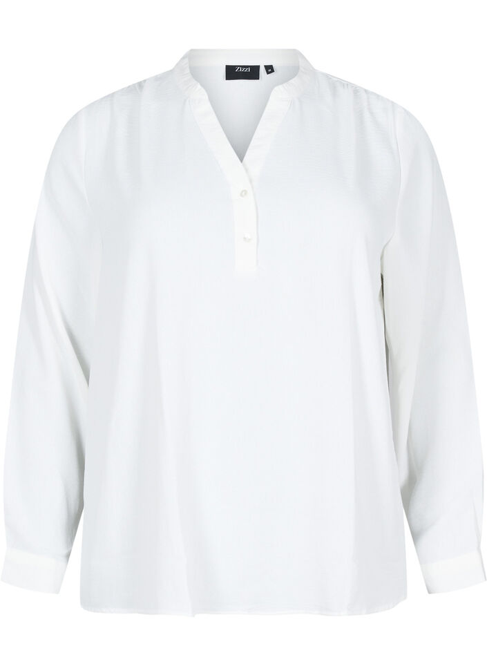 Long-sleeved shirt blouse with V-neck, Bright White, Packshot image number 0