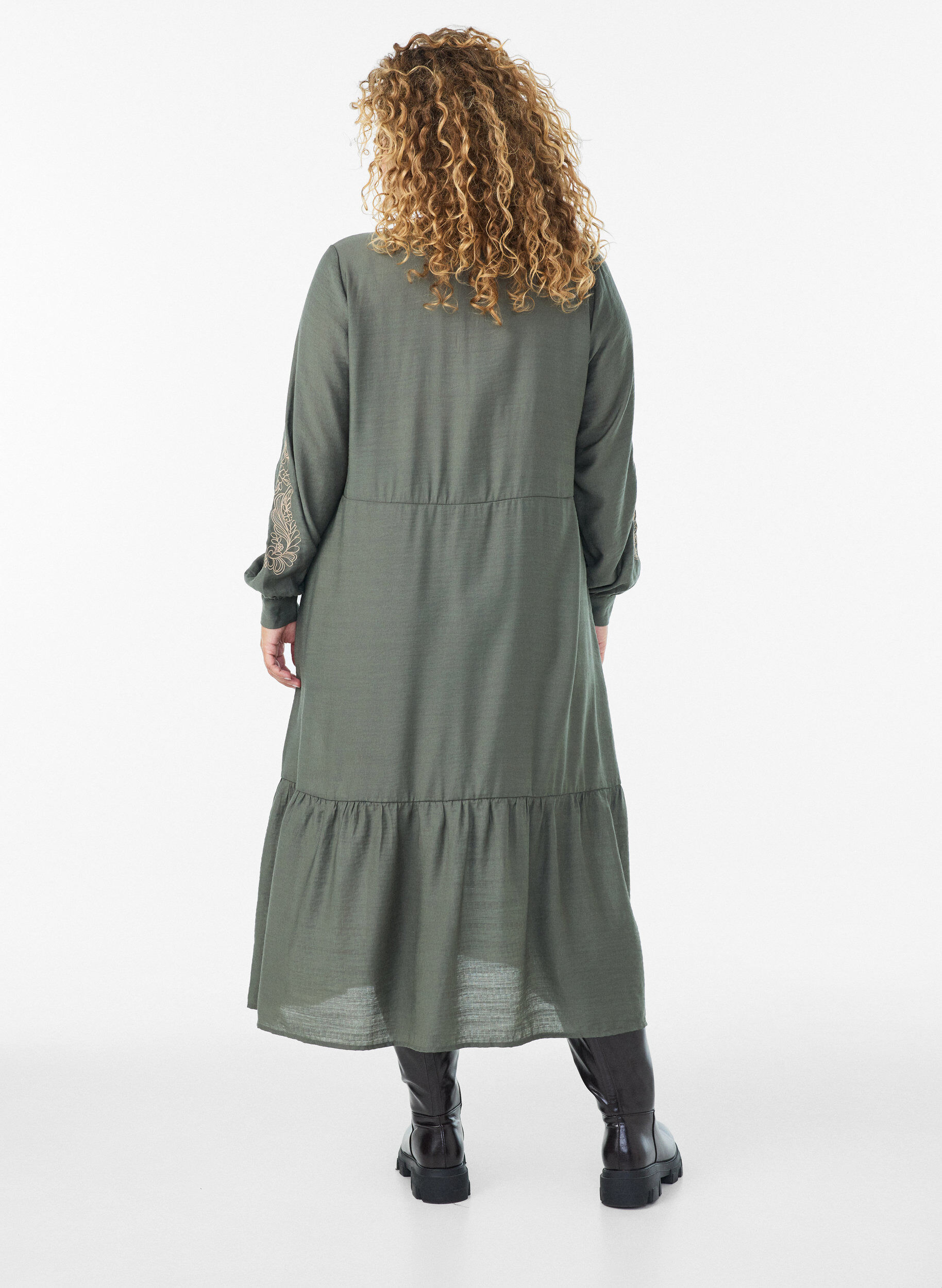 ZizzifashionViscose dress with embroidery and tiered ruffles, Green, Model image number 1