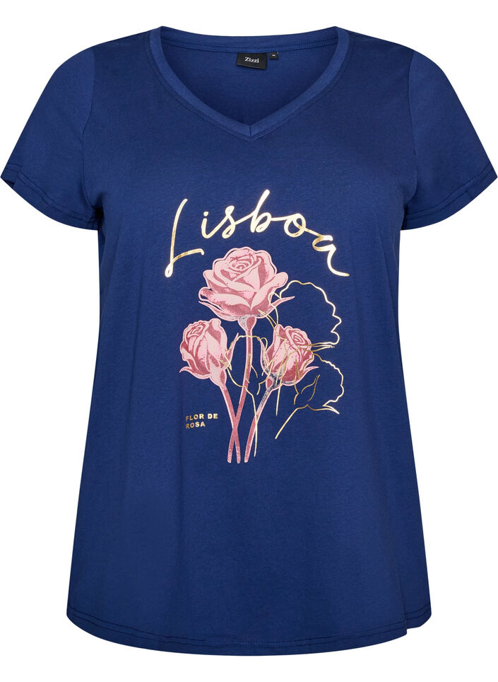 Cotton T-shirt with front print and V-neck, Blue, Packshot image number 0