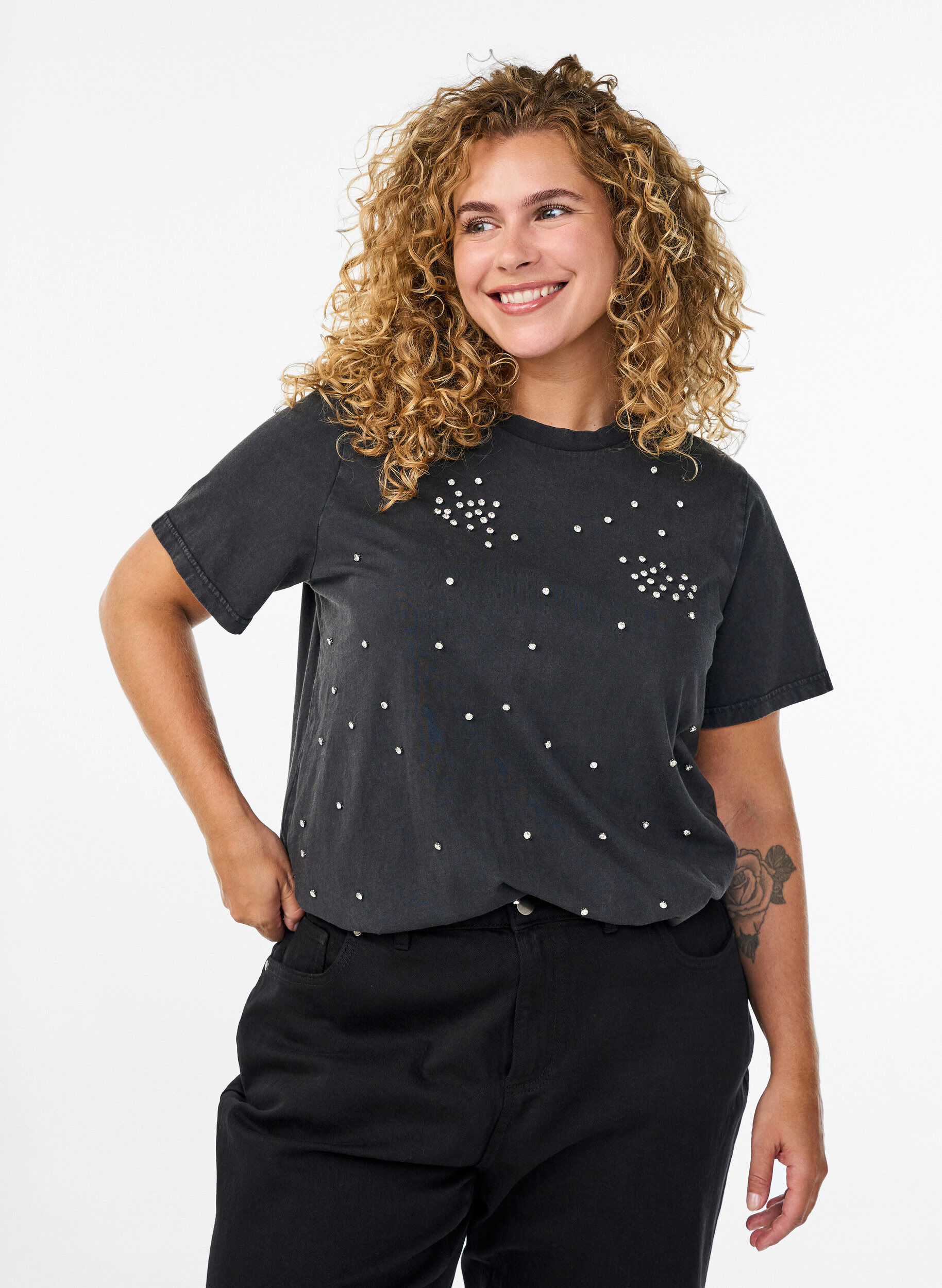 Zizzifashion T-shirt with rhinestones and a washed look, Grey, Model image number 0