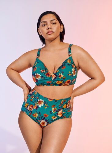 High-waisted bikini bottoms with floral print, Green Flower, Image image number 0
