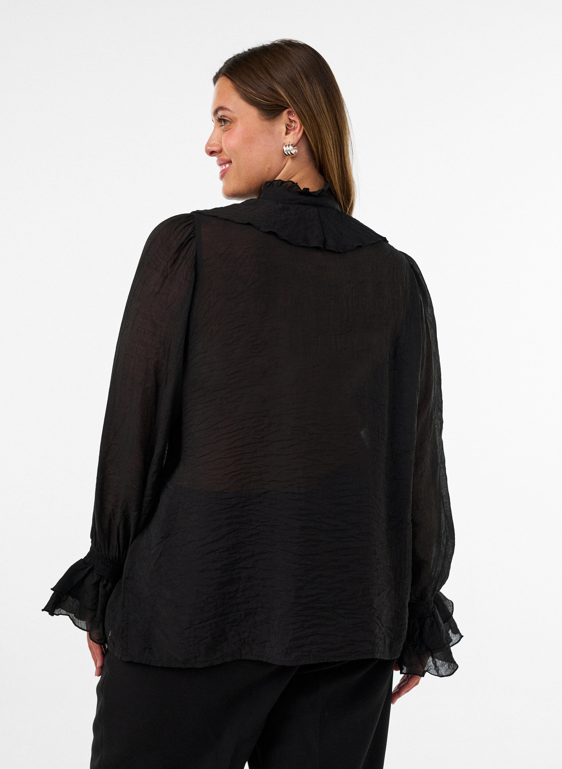 ZizzifashionViscose blouse with ruffles and long sleeves, Black, Model image number 2
