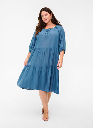 Cotton dress with 3/4 sleeves and tie detail, Bering Sea, Model image number 0