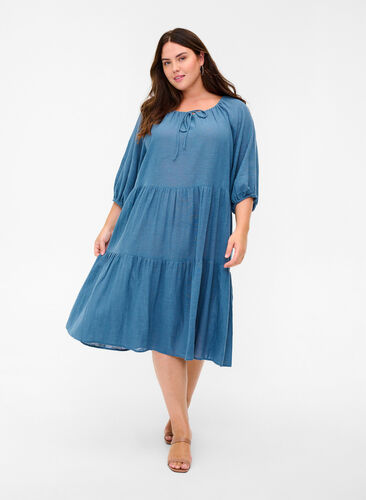 Cotton dress with 3/4 sleeves and tie detail, Bering Sea, Model image number 0