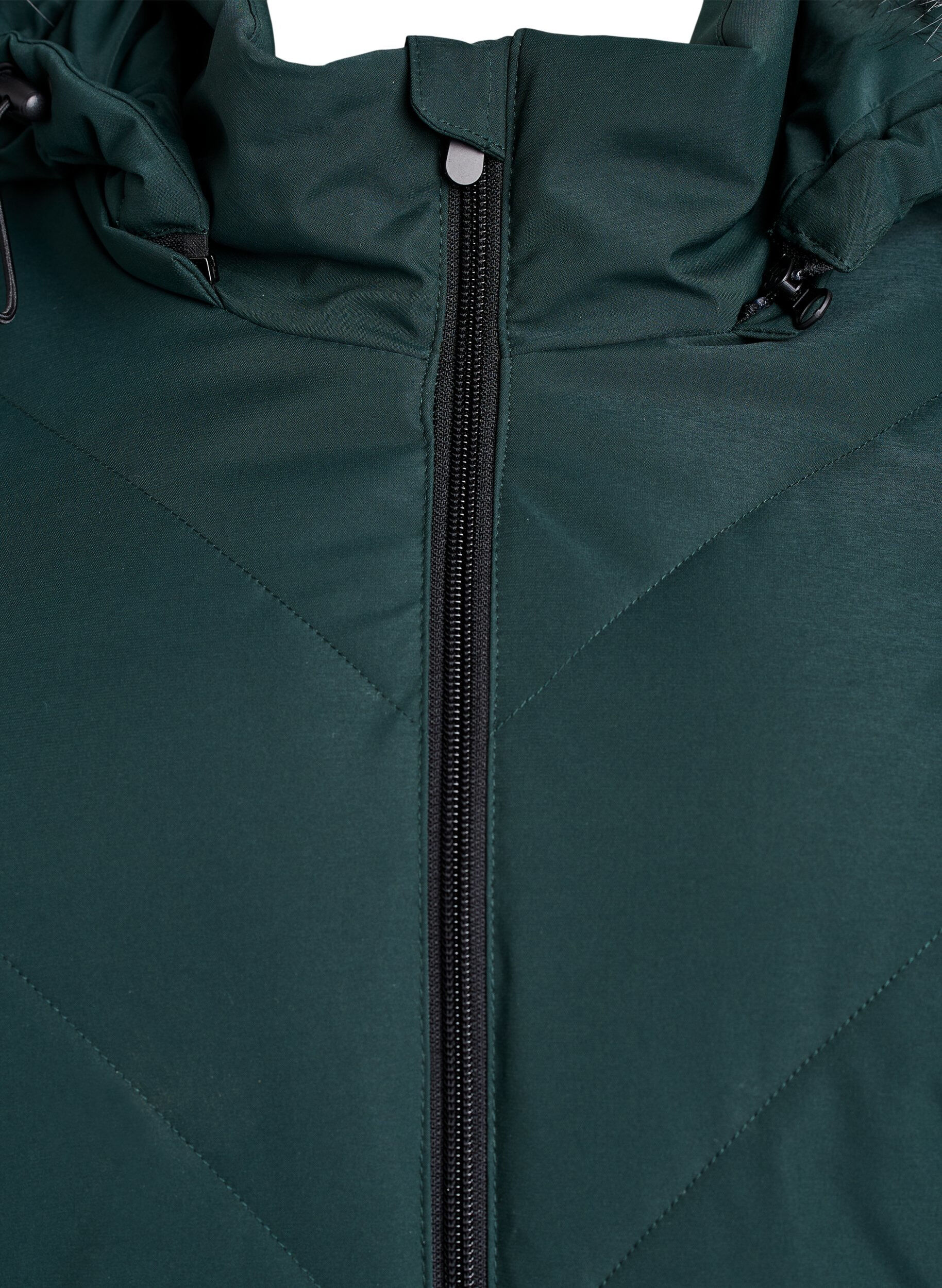 ZizzifashionLong winter coat with hook fastenings and a faux fur collar, Green, Packshot image number 2