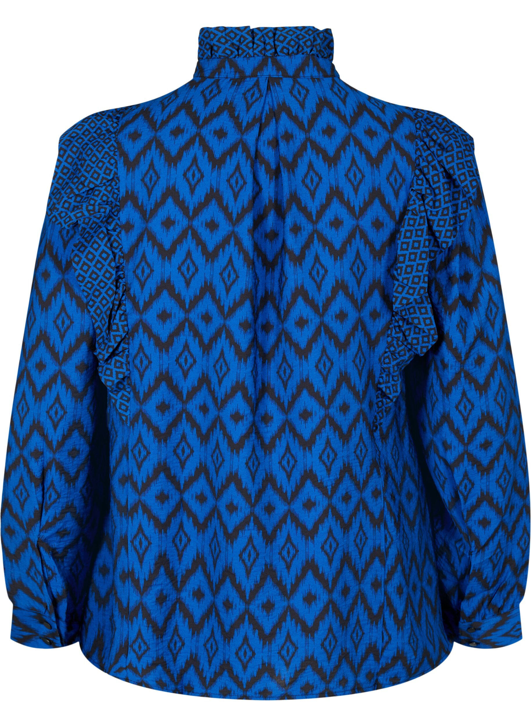 Zizzifashion Shirt blouse in viscose with frilled details, True blue w. Black, Packshot image number 1