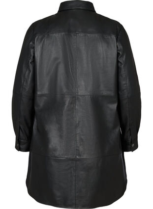 Long, leather shirt jacket, Black, Packshot image number 1