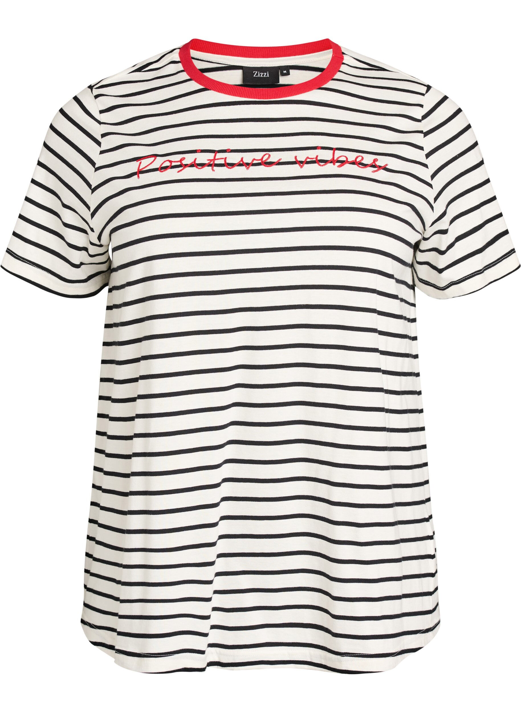Zizzifashion Striped cotton t-shirt with embroidered text, Vanilla, Packshot image number 0