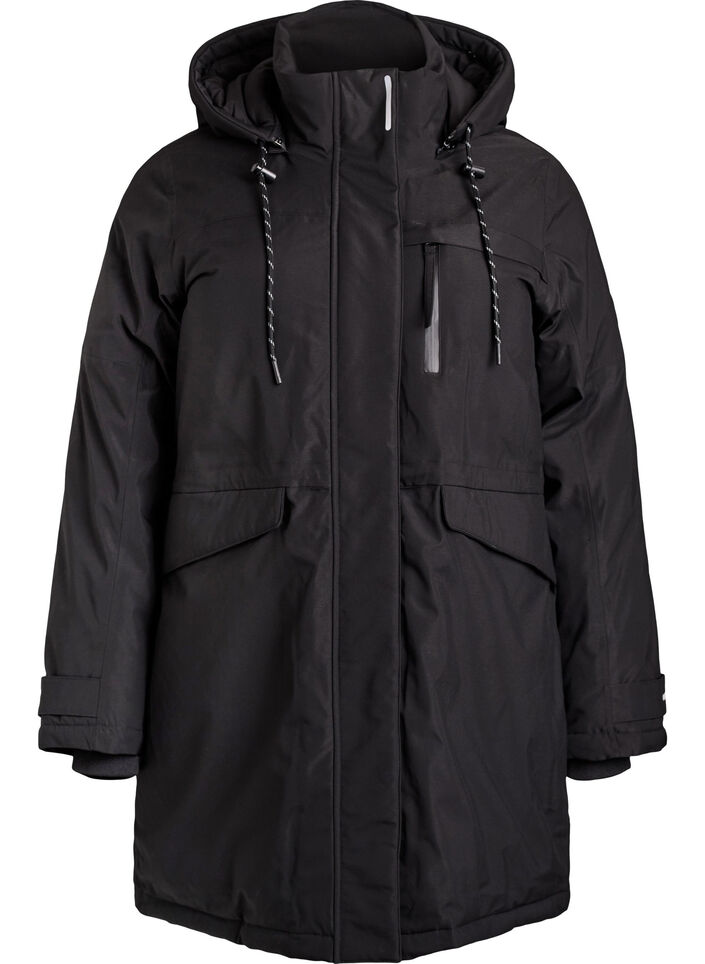 Water-repellent parka with a hood and functional details, Black, Packshot image number 0