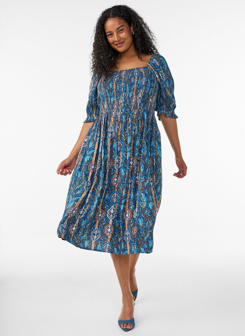 Summer dress in viscose with paisley print, Blue, Model image number 0