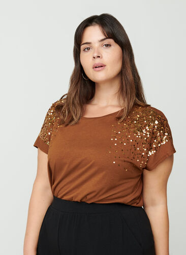 Short-sleeve T-shirt with sequins, Brown ASS, Model image number 0