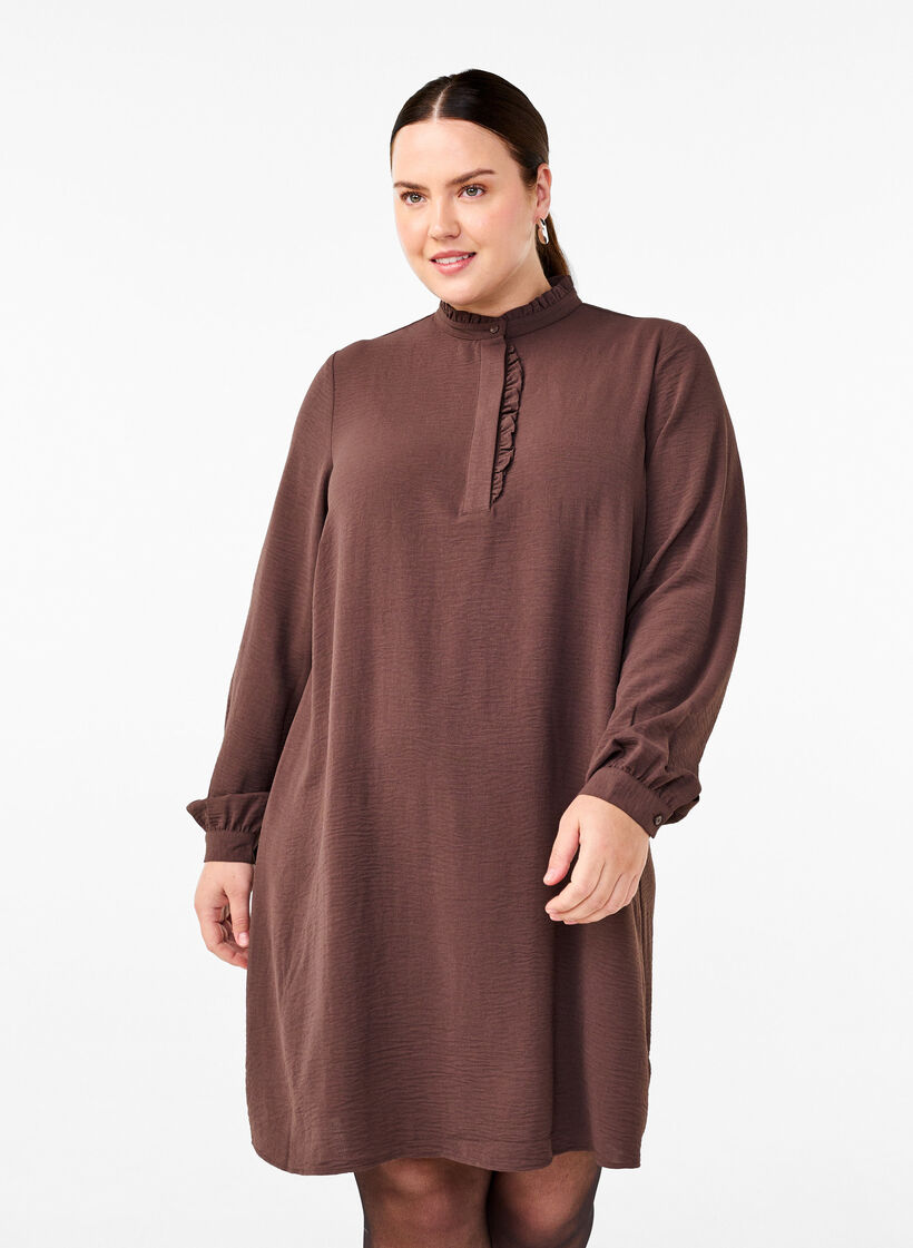 Long-sleeved dress with ruffle detail, Chocolate Martini, Model image number 0