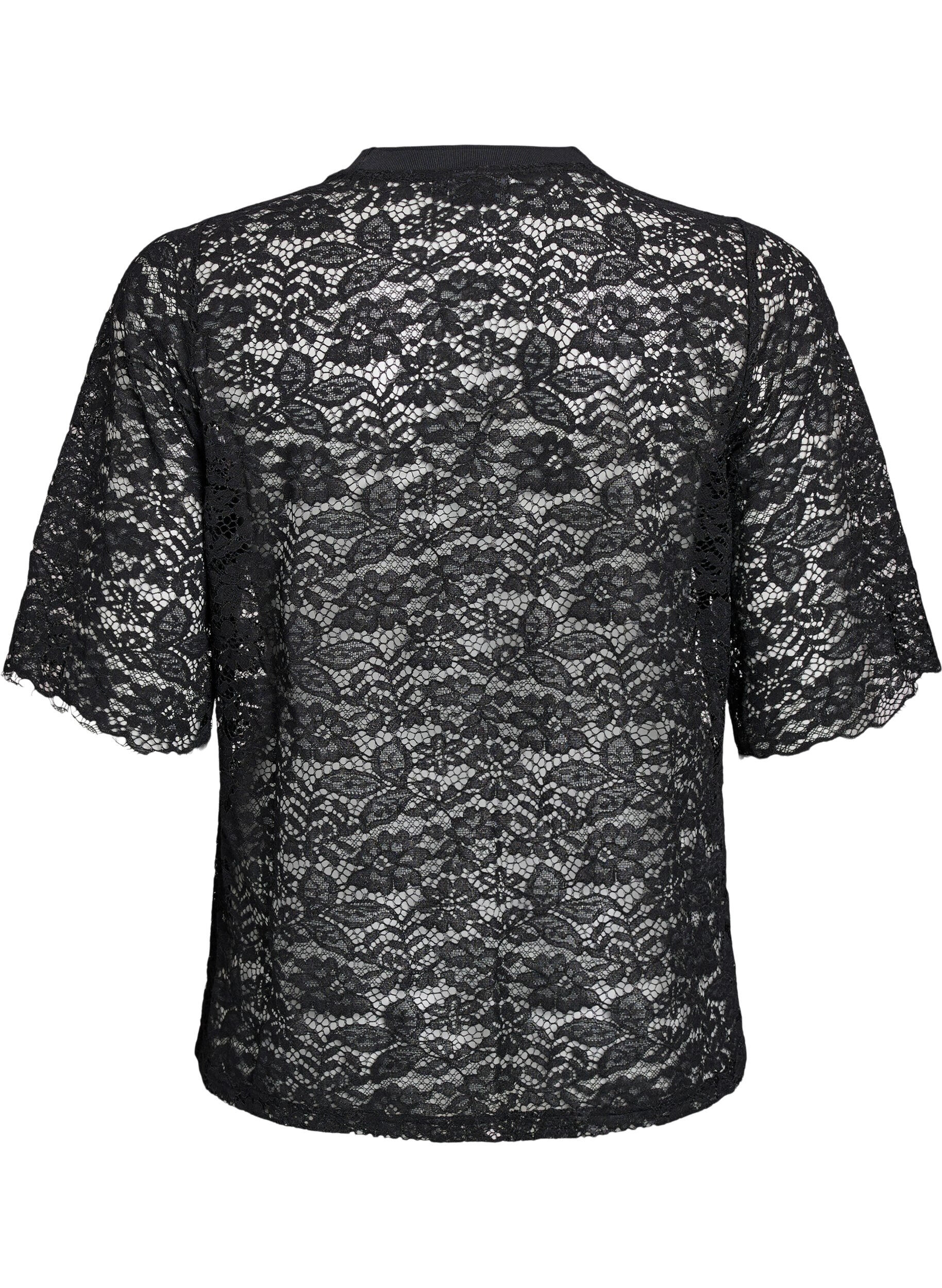 Zizzifashion Lace blouse with short sleeves and round neck, Black, Packshot image number 1