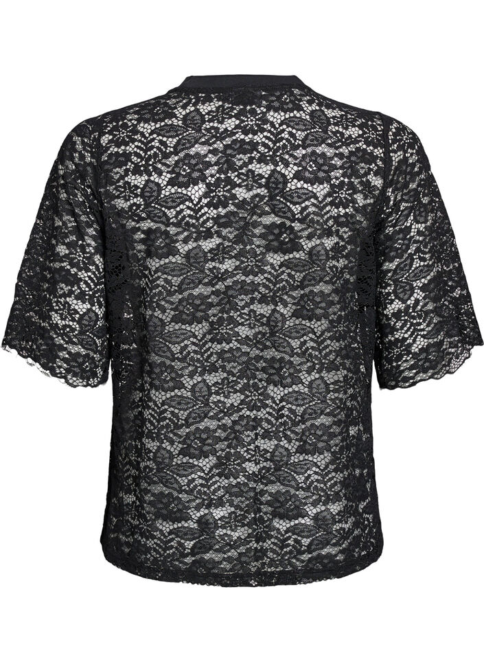 Lace blouse with short sleeves and round neck, Black, Packshot