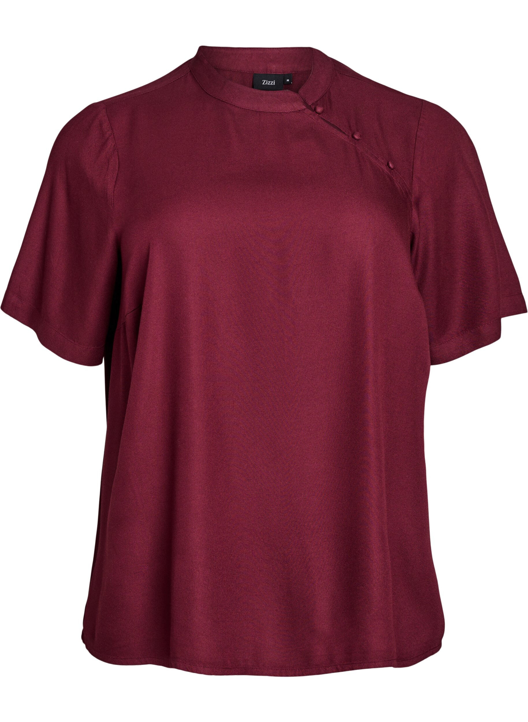 Short-sleeved blouse with diagonal button fastening