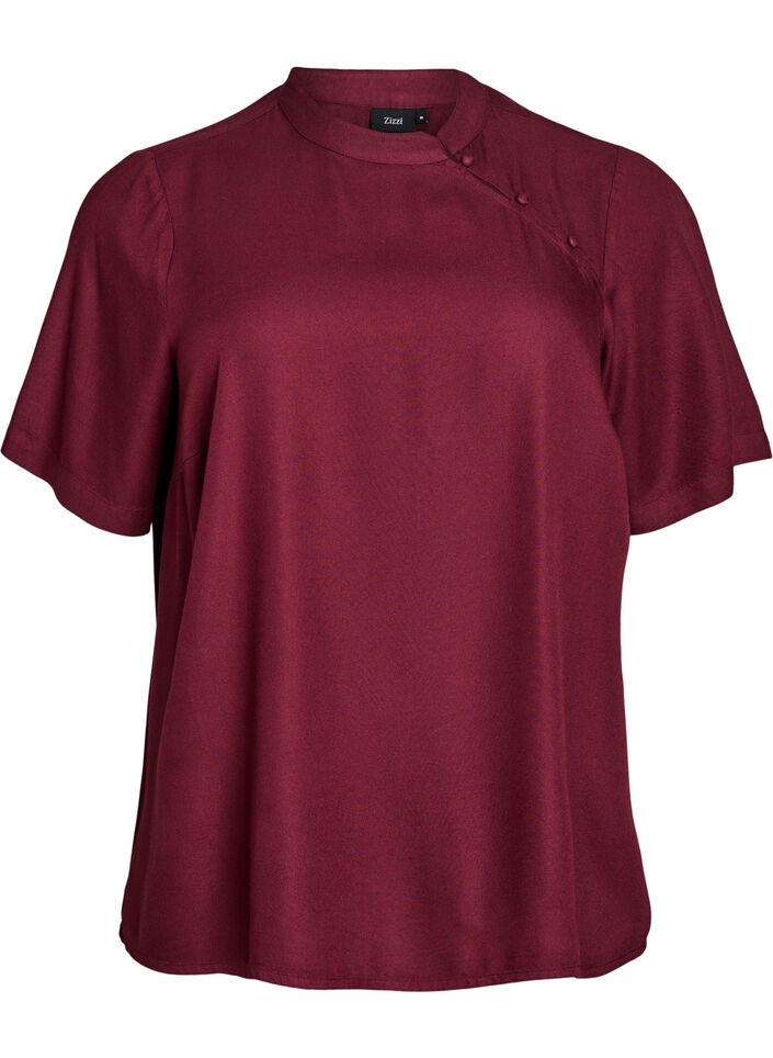 Short-sleeved blouse with diagonal button fastening, Red, Packshot image number 0