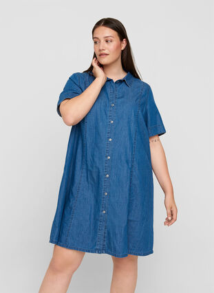 Denim shirt dress with short sleeves, Medium Blue denim, Model image number 0