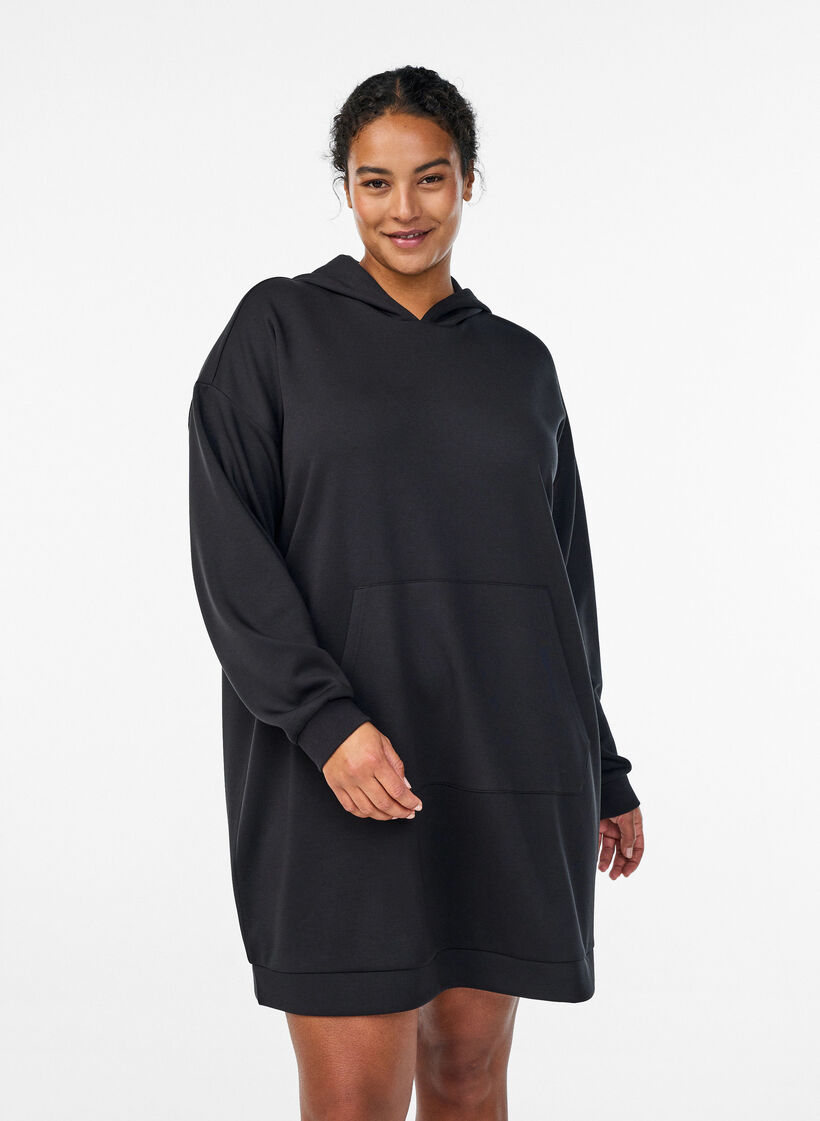 Short hoodie dress with a kangaroo pocket, Black, Model image number 0