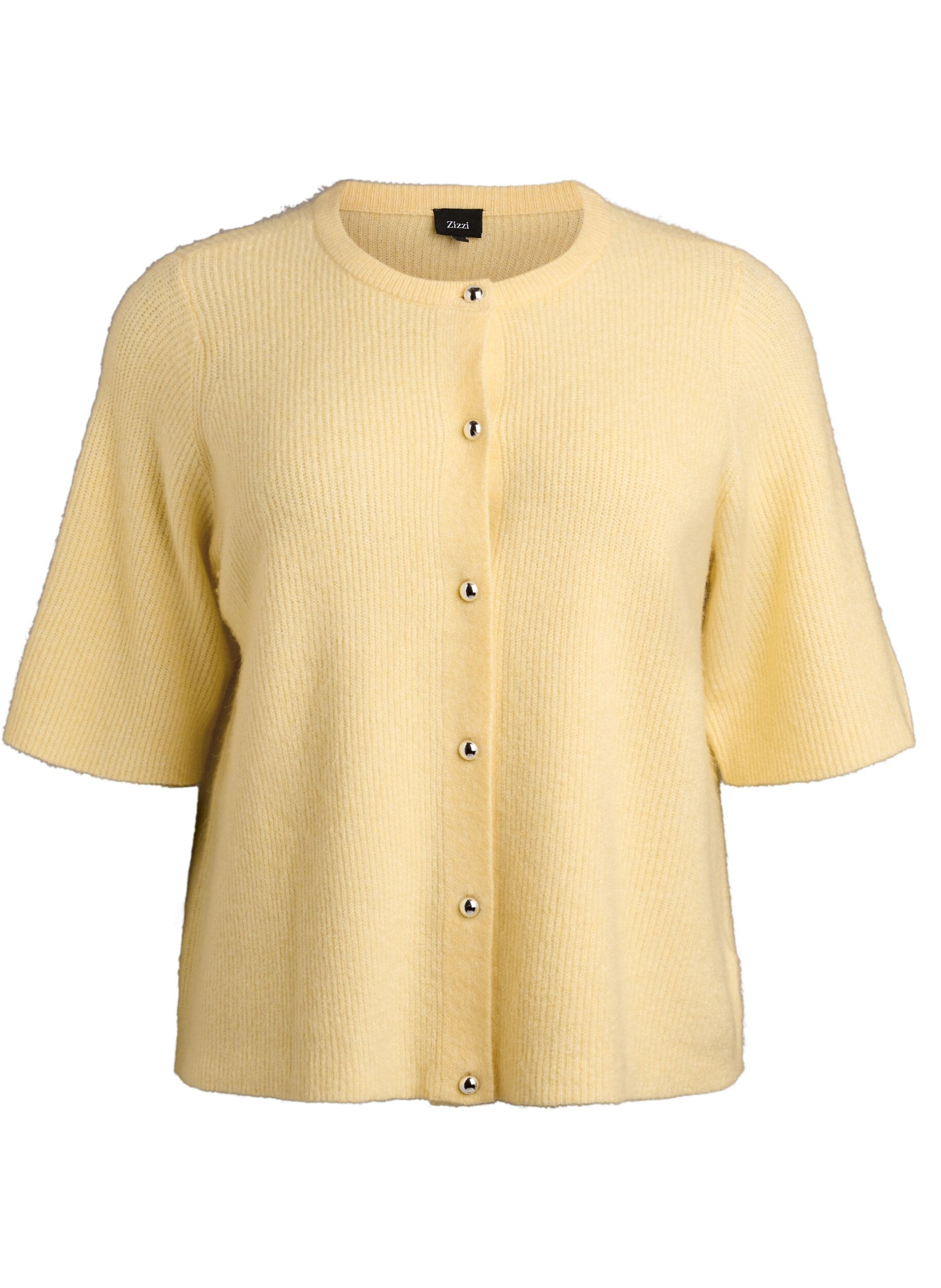 Zizzifashion Short-sleeved knit cardigan with shiny ball buttons, Yellow, Packshot image number 0
