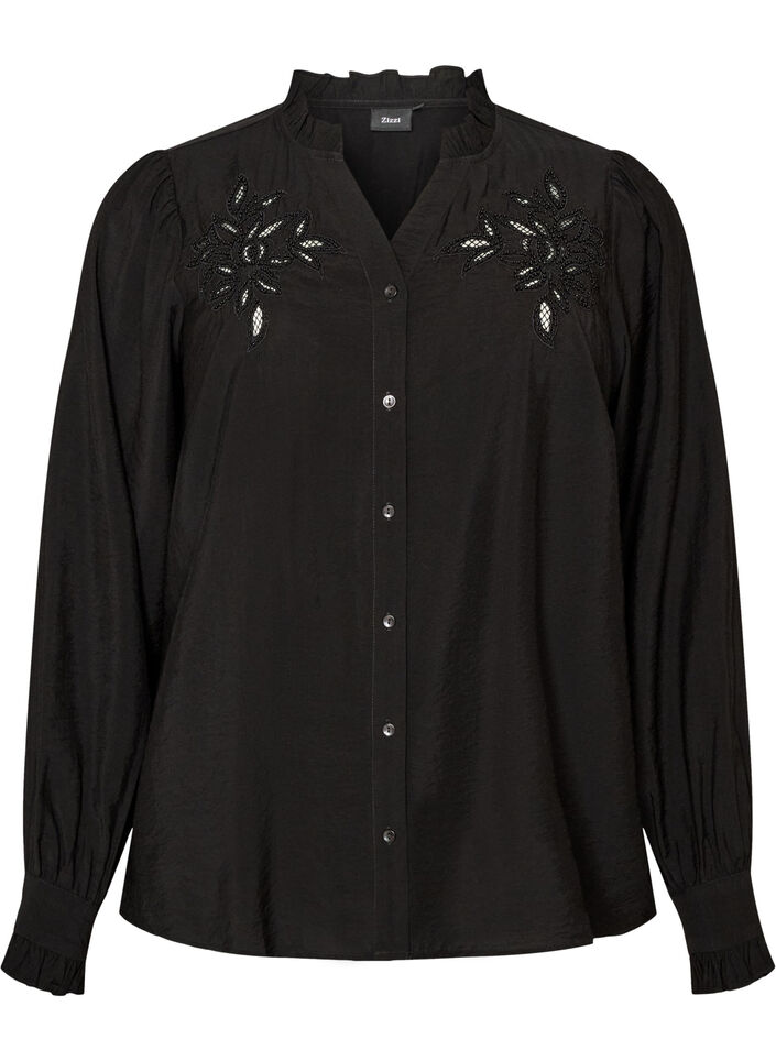 Shirt blouse with embroidered flower appliqu&eacute;s, Black, Packshot image number 0