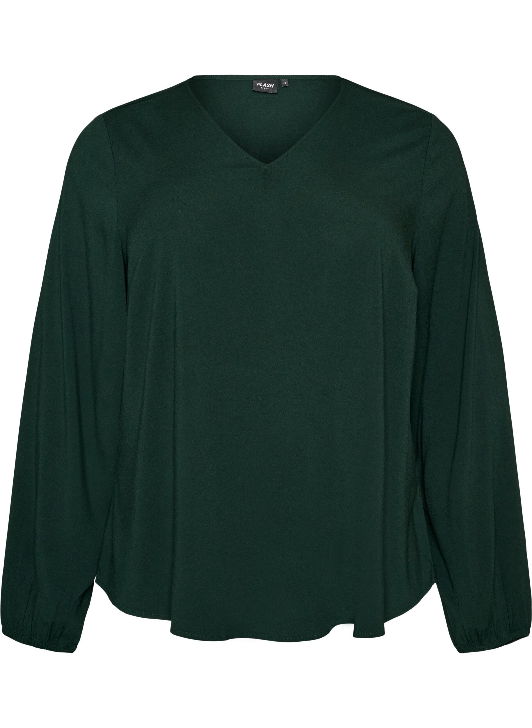 ZizzifashionViscose blouse with V-neck and rounded hem, Green, Packshot image number 0