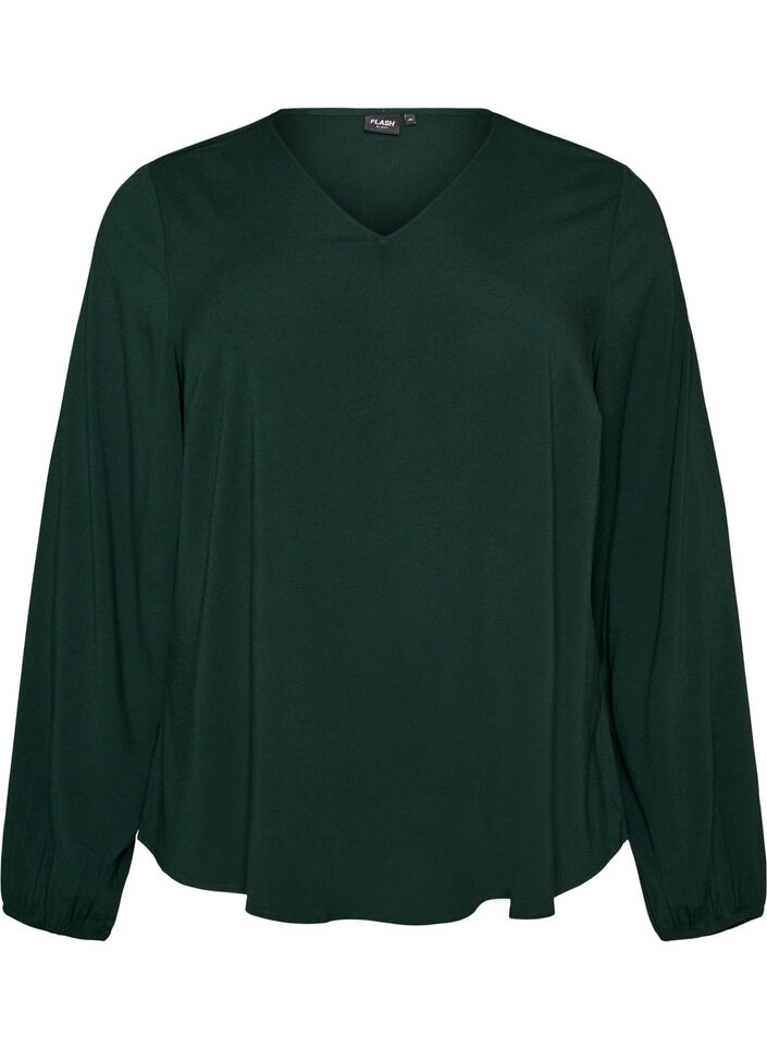 Viscose blouse with V-neck and rounded hem, Green, Packshot image number 0