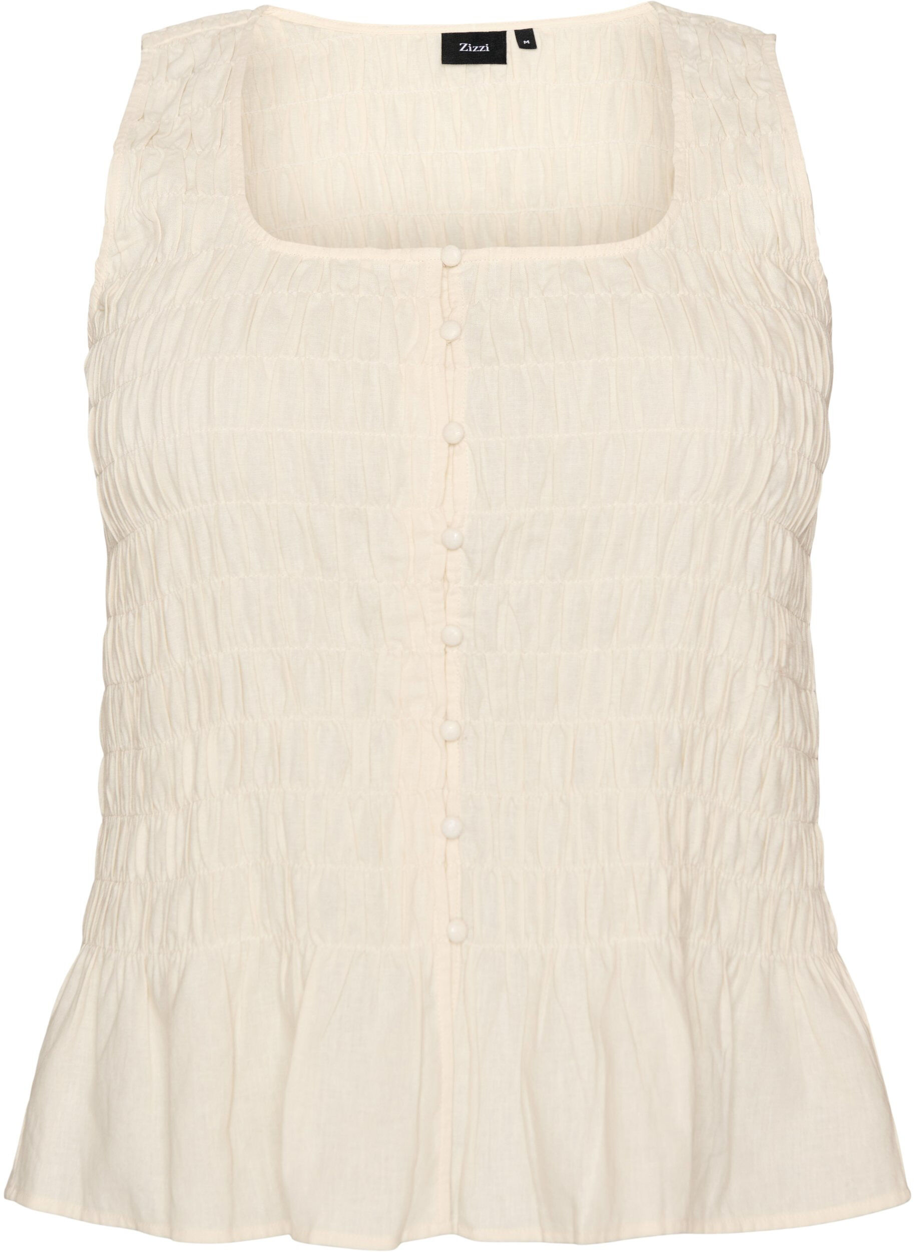 Zizzifashion Sleeveless cotton and linen top with smock, Vanilla, Packshot image number 0