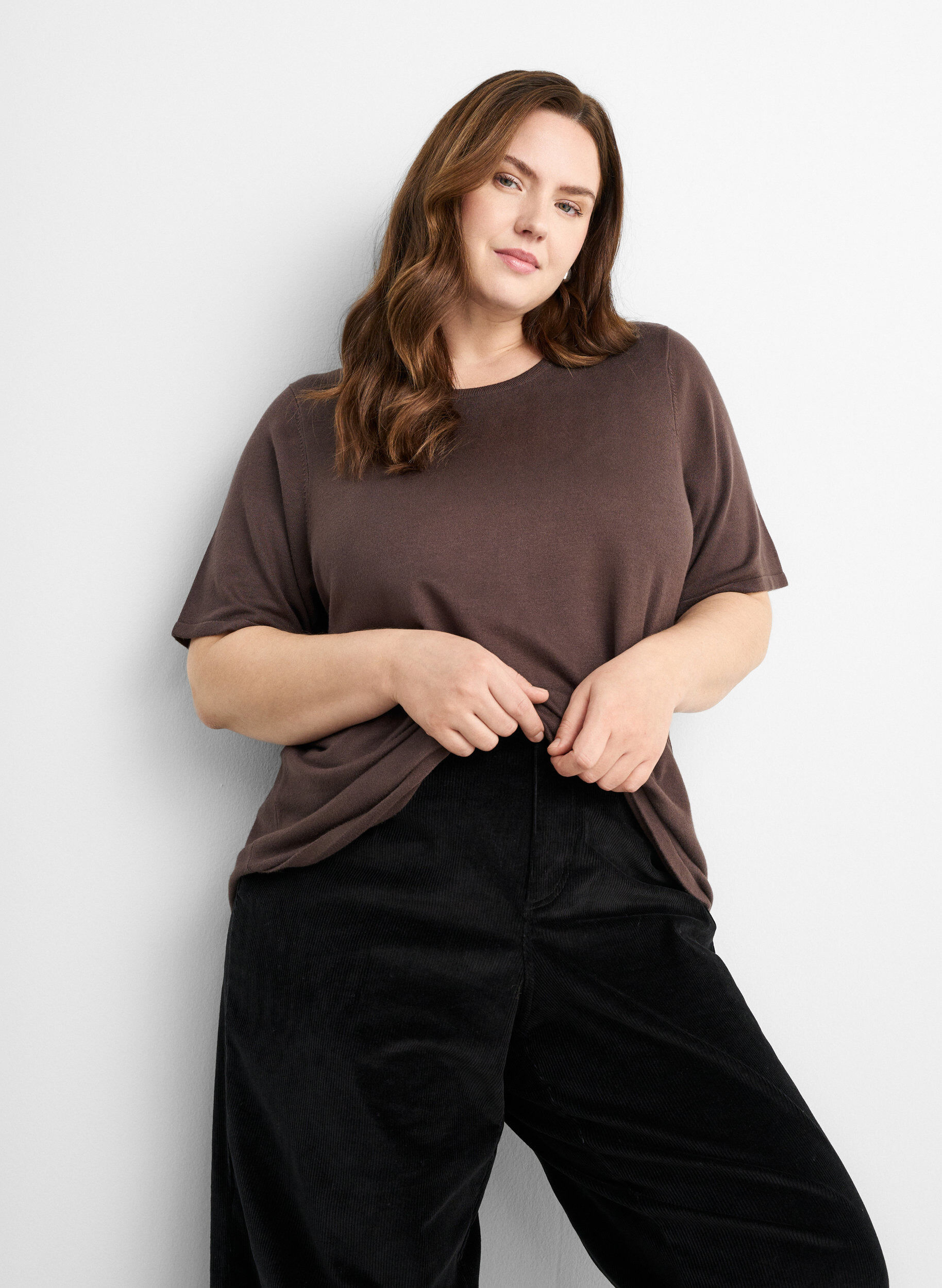 Zizzifashion Short-sleeved knit blouse in viscose, Brown, Model image number 2