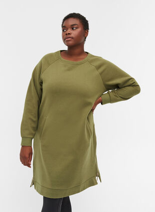 Sweat dress with pockets and slits, Olive Drab, Model image number 0